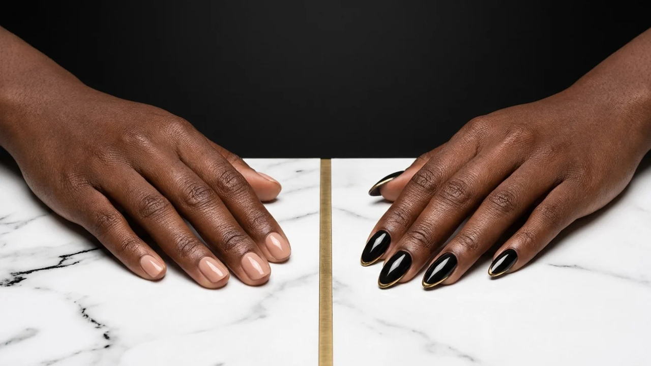 Gel vs acrylic nails on dark skin: short nude gel nails on one hand, long black almond acrylic nails with gold tips on the other