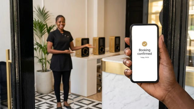 Client's phone showing a confirmed nail appointment as a smiling technician welcomes her into a nail salon with no queue