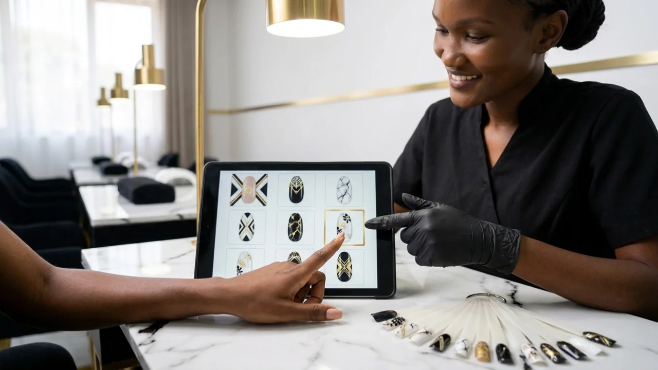Siriana - Client choosing a nail art design on a tablet with a nail technician, beside a fan of printed nail tip samples