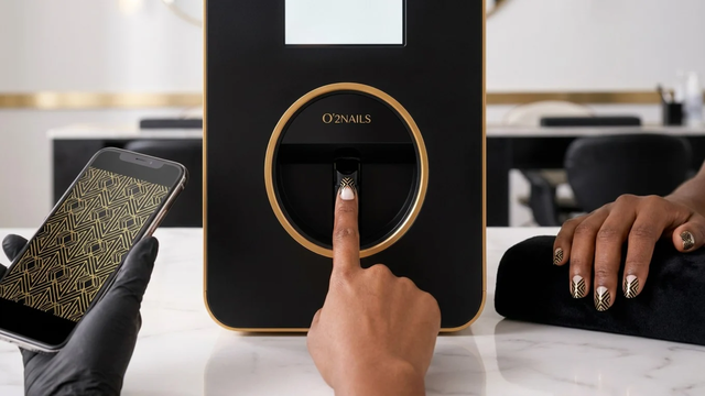 Nail printing machine printing black and gold geometric nail art onto a client's fingertip, with matching printed nails beside it