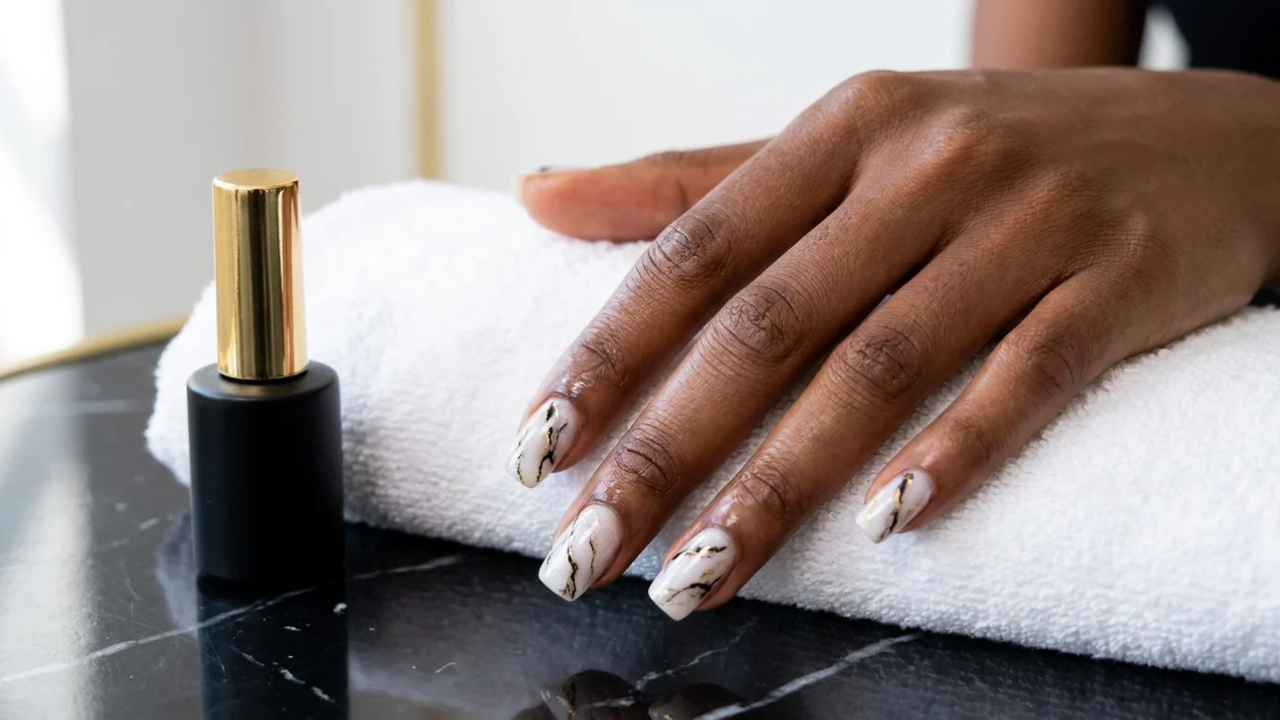 Glossy white gel nails with printed black and gold marble nail art on a dark-skinned hand resting on a white towel